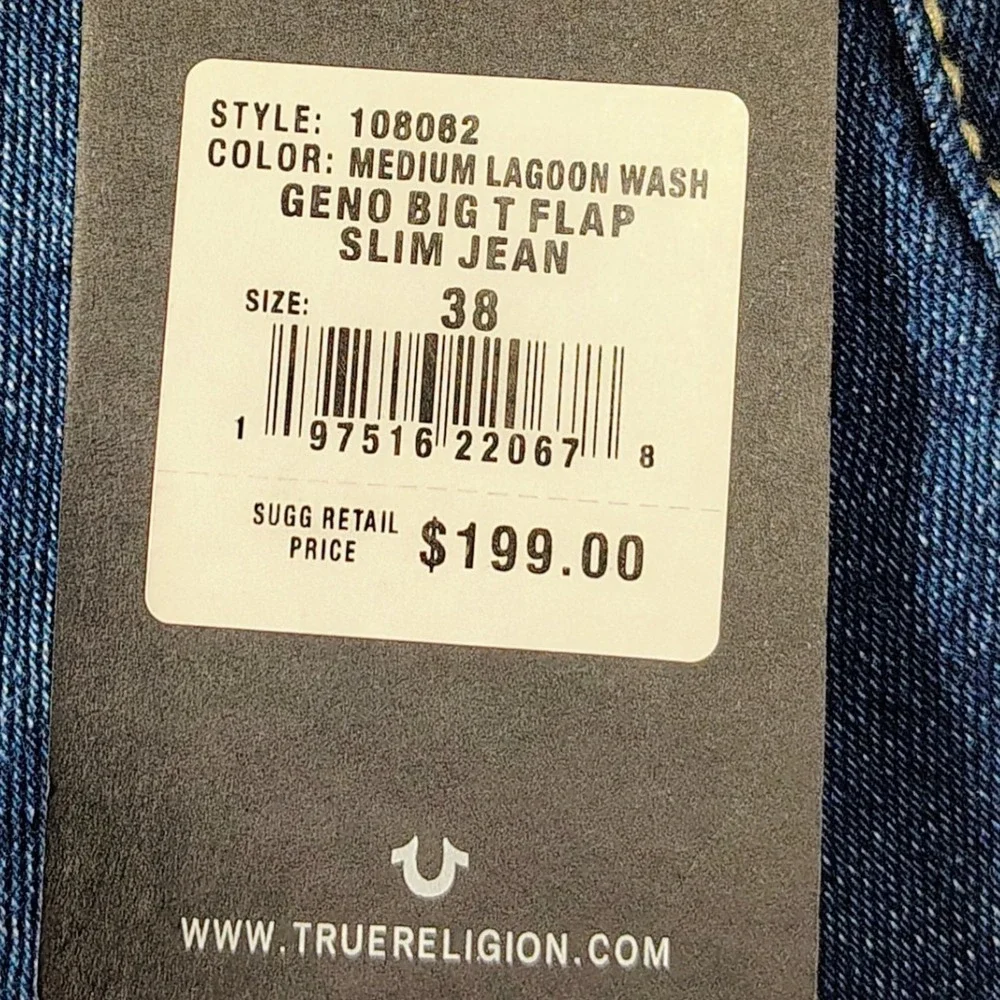 True Religion Geno Big T Flap Slim Jeans Mens Size 38 Medium Lagoon W38 L32 Wash